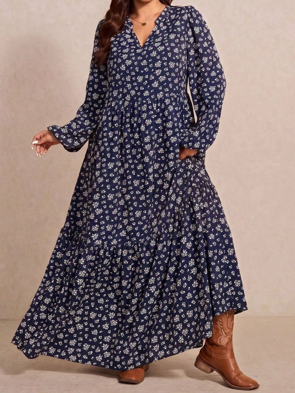 Navy Blue Boho Women's Floral V-Neck Lantern Sleeve Dress - Picture 3 of 7